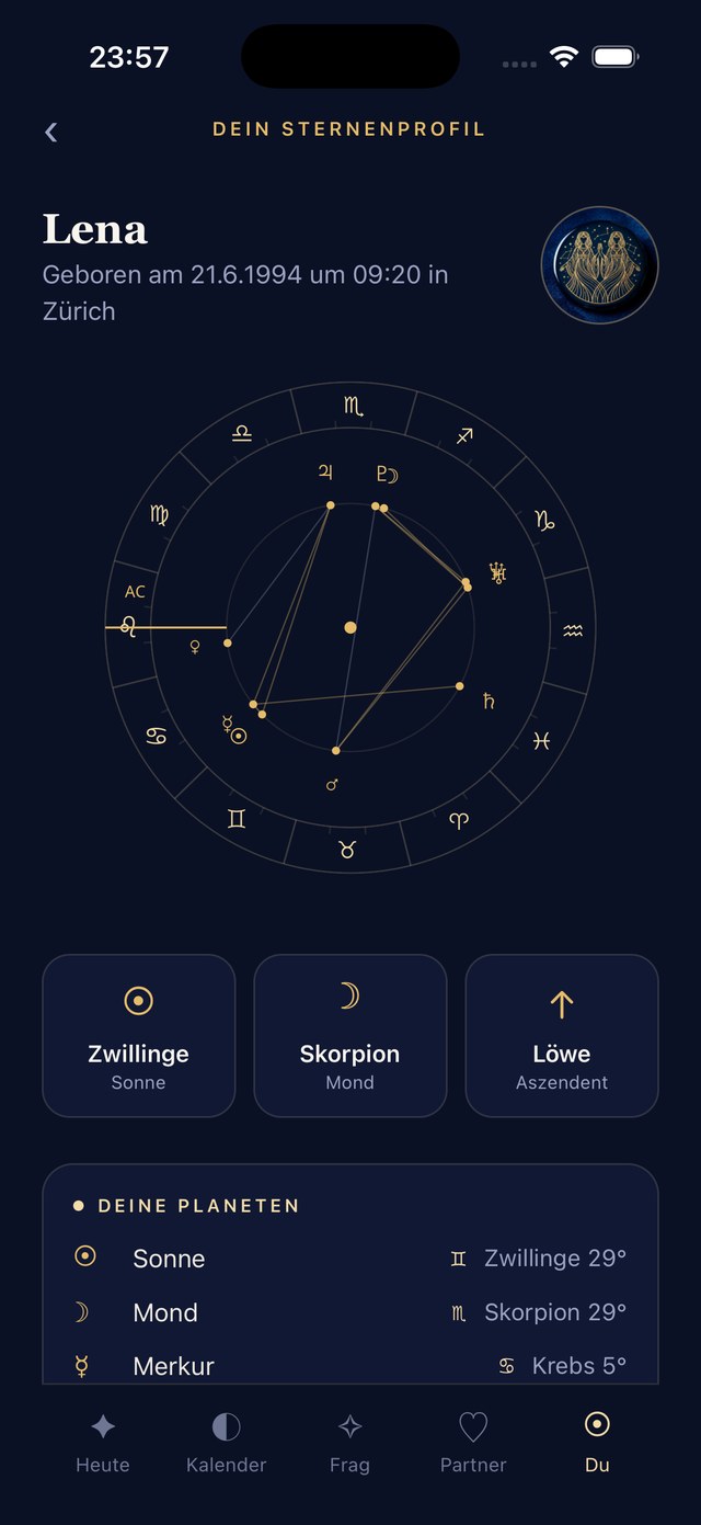 Sternweise App — dein Geburtshoroskop als Radix-Rad mit allen Planeten